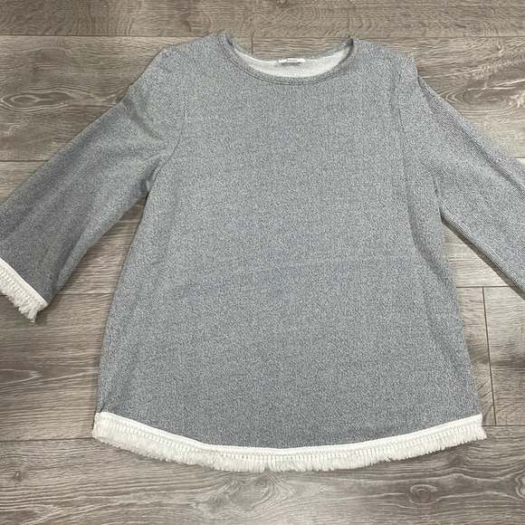 J. Jill Crewneck 3/4 Length Sleeve Top Boho Fringe Hem Heather Blue M - Picture 3 of 14